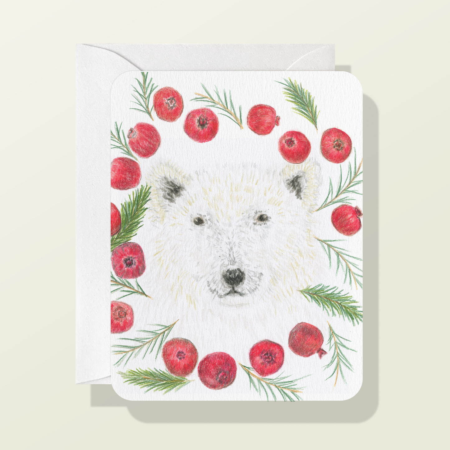 Polar Bear with Pomegranate Wreath Card